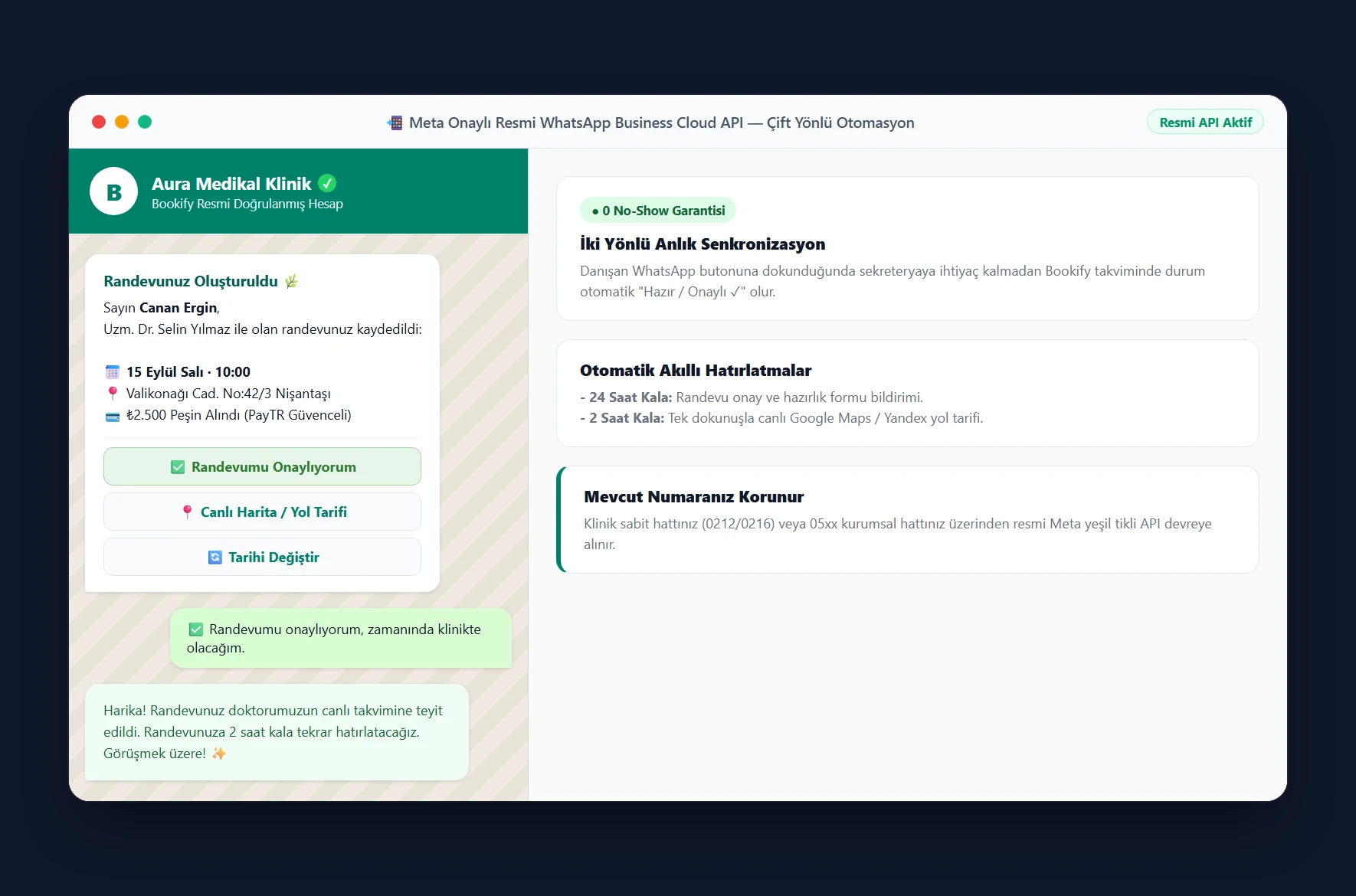 WhatsApp Business üzerinden otomatik teyit giden randevu akışı